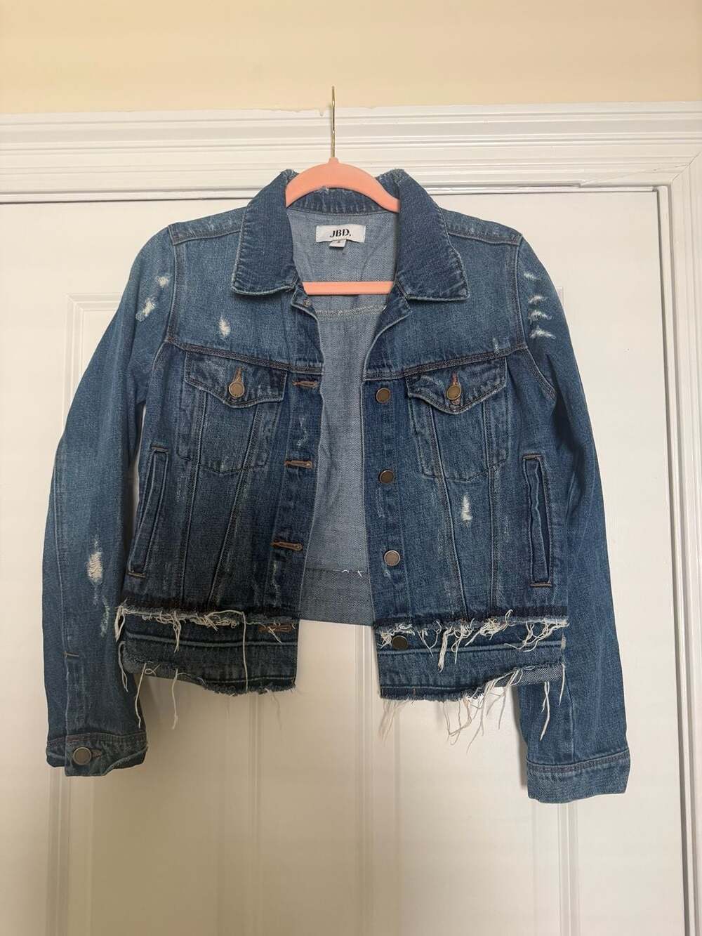 JBD Denim Jacket Size S Dark Wash Distressed Cropped Frayed Hem